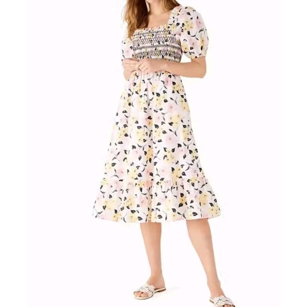 Kate Spade Lily Blooms Smocked Midi Dress Size Large White Puff Sleeve Tiered